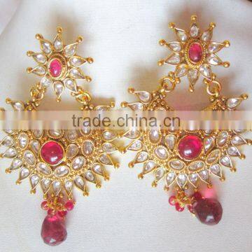 Pink Polki Gold Tone Dangler EARRING Pair photo-3