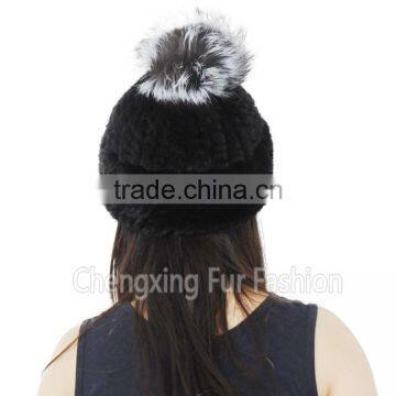 CX-C-239N Women Knitted Real Mink Fur Hats With Fox Fur Pom Pom photo-2