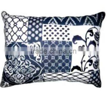 Blue denim patched Pillow with all over reverse Color Embroidery Cushion Cover