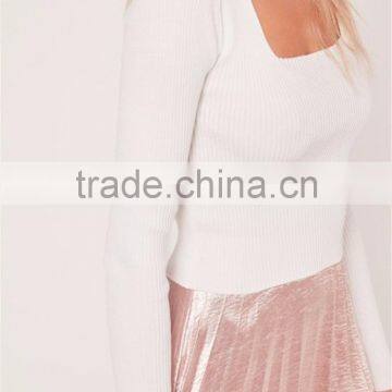 MGOO Plain White Women Silm Fit Knitwear Long Sleeve Sweater Square Neck Ribbed Jumper Private Brand photo-4