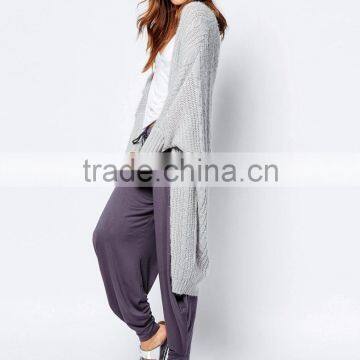 Women Plus-Size Loose Open Front Stitch & Pieces Cocoon Bat Sleeve Plain Stitch Knitwear Cardigan Gray Sweater photo-5