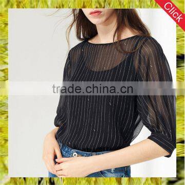 Last fashion sexy lady black vertical striped shirt sexy women half sleeve tops blouse design