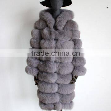 Myfur Wholesale Retail Ladies Fashion Whole Hide Real Natural Color Fox Fur Long Coat with Fur Hooded