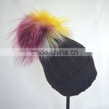 Myfur Black Color Unisex Winter Woolen Beanie With Fur Pompom Top