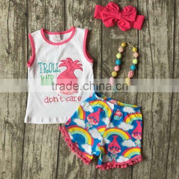 baby Girls Summer clothes girls children troll hair don;t care outfits kids rainbow shorts outfits with accessories