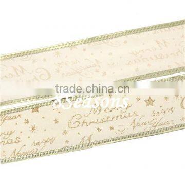 Pale Yellow "Merry Christmas" Star Pattern Velvet Satin Ribbon For Christmas Decoration 5.0cm