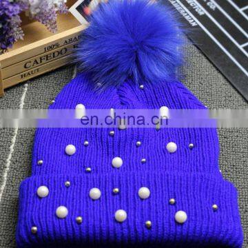 Winter pearls fur pom pom bobble hats high quality knitted hats wholesale