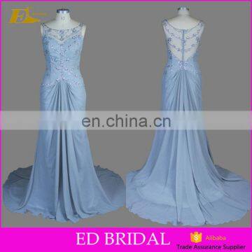 Real Sample Sleeveless See Through Back Beaded Chiffon Evening Dress Women With Train