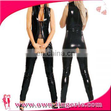 New Arrival Sexy faux leather Catsuit Women Black Open Bust Bodysuit Cat Women Open Crotch Jumpsuit laced up front