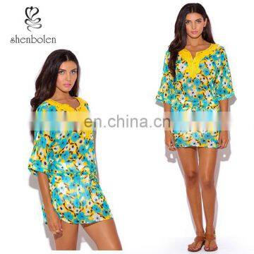 Yellow Crochet Trim Blue Floral Print Semi Sheer Chiffon Beach Cover Up Boho Tunic Lady Blouse Top