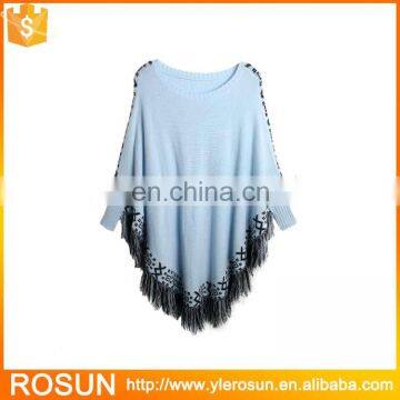 Korean style ladies batwing sleeve Poncho Sweater with fringe