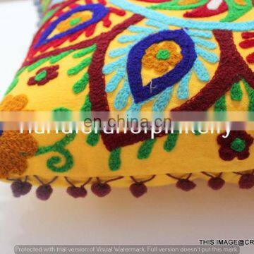 Pom Pom Vintage Suzani Cushion Cover Embroidered 16x16'' Indian Pillow Case photo-5