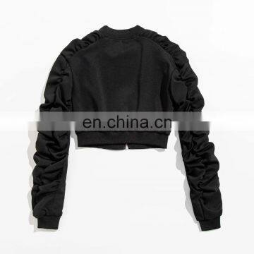 Women Zip up Buckle Close Long Ruched Sleeve Cropped Black Bomber Jacket photo-2