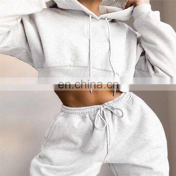 Women Causal Plain Loose 2 Pieces Drawstring Jogger Sweatpants Crop Hoodie Set photo-5