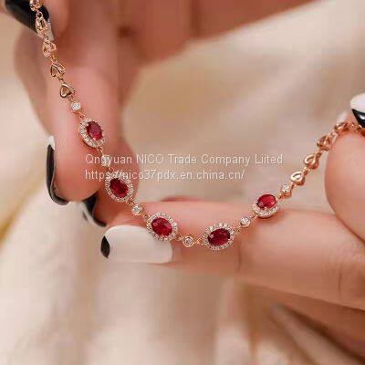 Treasure Diary Fine Jewelry Natural Pigeon Red Blood Gem Bracelet Women's 18K Rose Gold Diamond Bracelet Set photo-4