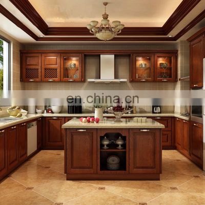 Antique Classical solid wood kitchen furniture kitchen cabinet with quartz stone island