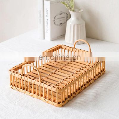 Rustic Vintage Bamboo Serving Tray, Storage Basket Platters Plate for Breakfast