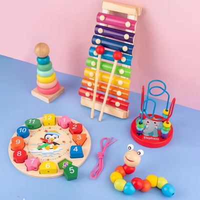 Early Education Toys Digital Clock Shape Matching Puzzle With Wooden Beads Threading Made Wood for Children photo-3