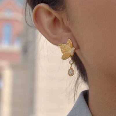 Gold Plated Stainless Steel Butterfly Drop Earrings for Women CZ Stone Dangle Earrings Waterproof Hypoallergenic Jewelry Wholesale photo-4
