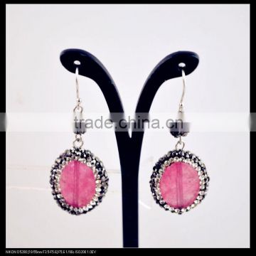 LFD-046E Wholesale Pave Rhinestone Pink Agate Stone Charms Dangle Earrings Jewelry Making