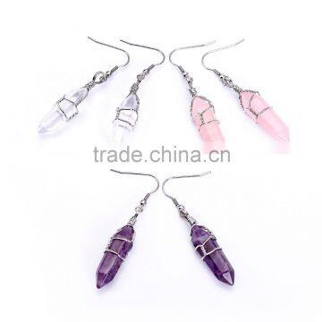 Beautiful 3 pairs White Crystal/Amethyst/Rose Quarts Handmade Wire Wrap Healing Point Chakra Earings