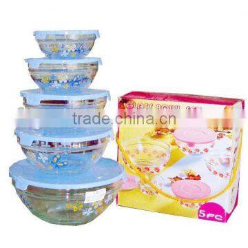 glass bowl set with fresh flower design,5pcs storage bowl