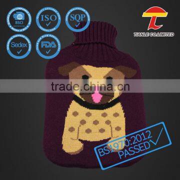 Good quality natural rubber hot water bottle with dog pattern knitted cover