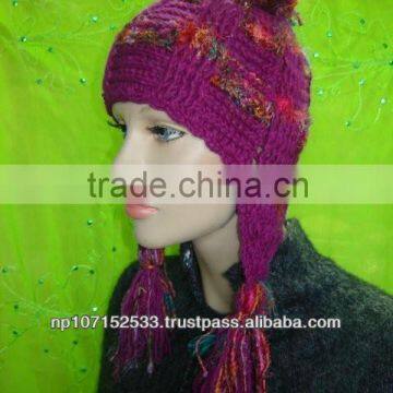 woolen pompom ear cap with raw silk mix price 200rs $2.35