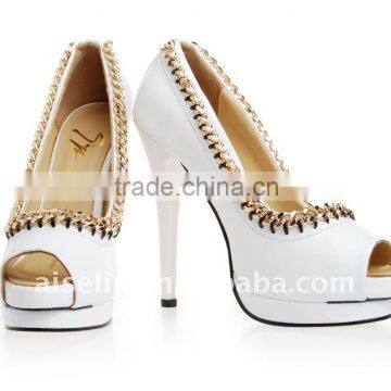 Elegant genuine leather white nobile fancy chain dress low heel shoes for women