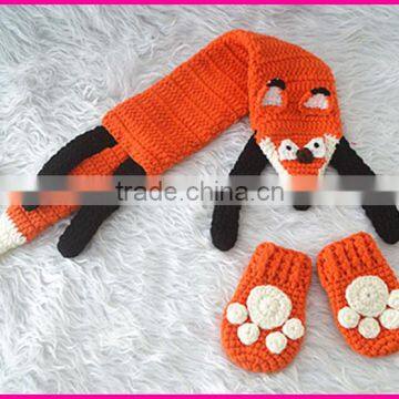 2015 New Design Wholesale Crochet the Fox Pattern Baby Hat Scarf Mitten Sets photo-3