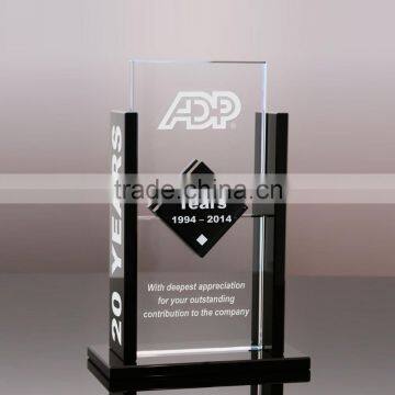 Hot fusion clear and black crystal glass award for company 20 years anniversary gift