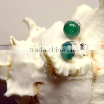 Green Onyx Round Cabochon Stud Earrings, 925 Solid Sterling Silver Earrings, Designer Stud Earrings