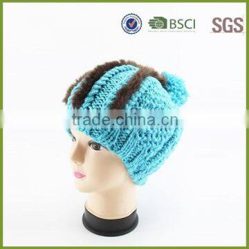 Blue Color Custom Knitted Pom Beanie Hat With Fur photo-2