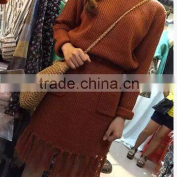 Ladies' Round Neck Long Sleeve Dress Rib Knitted Sweater With Pocker &fringes Best Selling Products in America