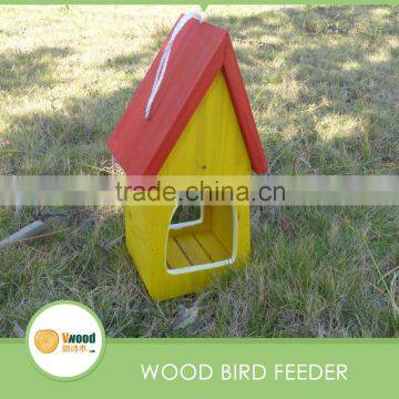 Hanging Wood Bird Feeder with red roof and yellow body