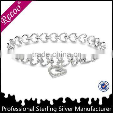 silver heart chain bracelet, sterling silver 925 chain bracelet