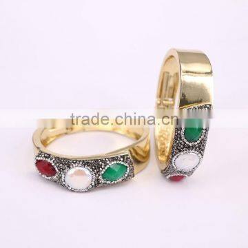 Gold Electroplated Brass Bangles, with Malaysian Jade & Pearl and Crystal Zircon Paved Druzy Jewelry Bangles Adjustable Size