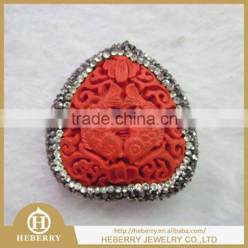 Heart shape red finsh carving shamballa clay pendant with rhinestone