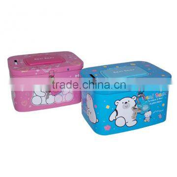 Cheap tinplate coin box with mirror and comb on top