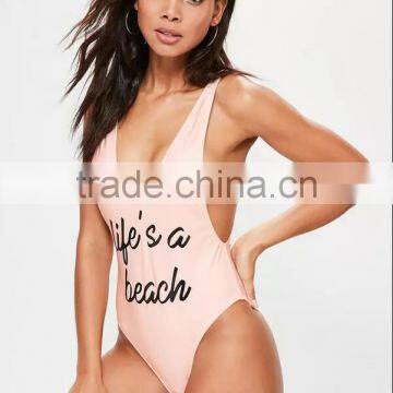 2017 Women Swimwear One Piece Sexy Low Side Sexy Swimsuit Spandex/Polyester Material Swimwear&Beachwear Letters Print photo-4