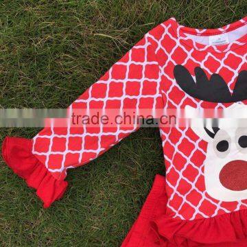 Baby Clothes Winter/fall Boutique Red Grid Ruffle Outfits Girls Reindeer Sets Christmas Outftis With Necklace and Headband photo-2