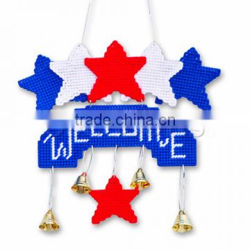 Plastic & Cotton Cross Stitch Wind Chime Multicolor Five-point Stars "WELCOME" Pattern 25cm x 20cm,1Set