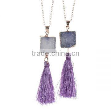 New Fashion Natural Quartz Crystal Druzy /Drusy Necklace Link Cable Chain Gold Plated Purple Square Pendant Tassel