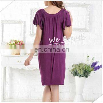 Ladies' Eco-friendly Bamboo Fiber Round Neck Night Gown Solid Color FD photo-6