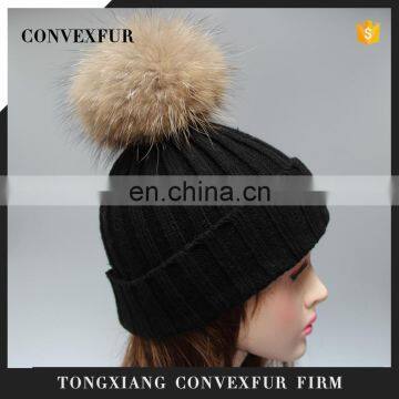 Wholesale mens knitted plain beanie hat with fur pom pom