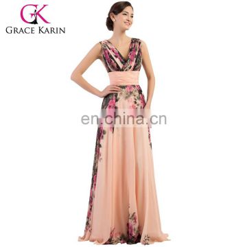 Grace Karin Deep V-Neck Flower Pattern Chiffon Long Floral Print Bridesmaid Dresses CL7502