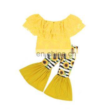 Wholesale Summer Children's Boutique Clothing Baby Kid Wear Girls Sunflower Ruffle Pant Clothes Set