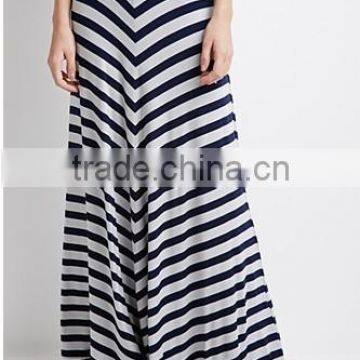 Striped Fold-Over Raw-cut Hem Long Maxi Skirt