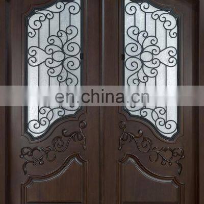 Luxury Bronze Double Wood Wrought Iron Entry Doors With Frosted Glass