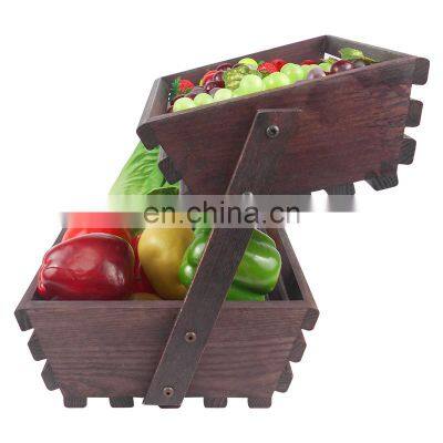 Wooden Fruit Basket 2 Tier Fruit Vegetable Bread Storage for Kitchen Countertop photo-2